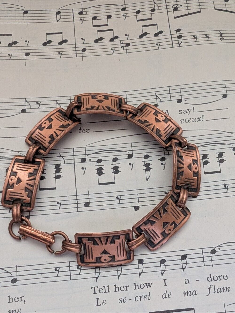 Vintage Eagle Copper Link Bracelet - Geometric Panel Design